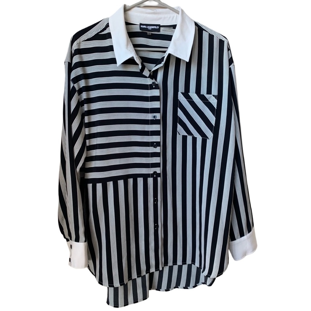KARL LAGERFELD Women’s Black & White Stripe Long Sleeve Blouse Shirt Size: Large